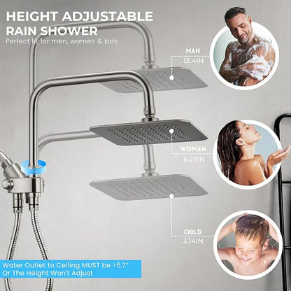 Ryamen Dual Shower Head Combo, 8'' High Pressure Rain Shower Head with Handheld Spray, 6+1 Spray Settings Handheld Showerhead, Height Adjustable, One-touch Pause Button, Brushed Nickel