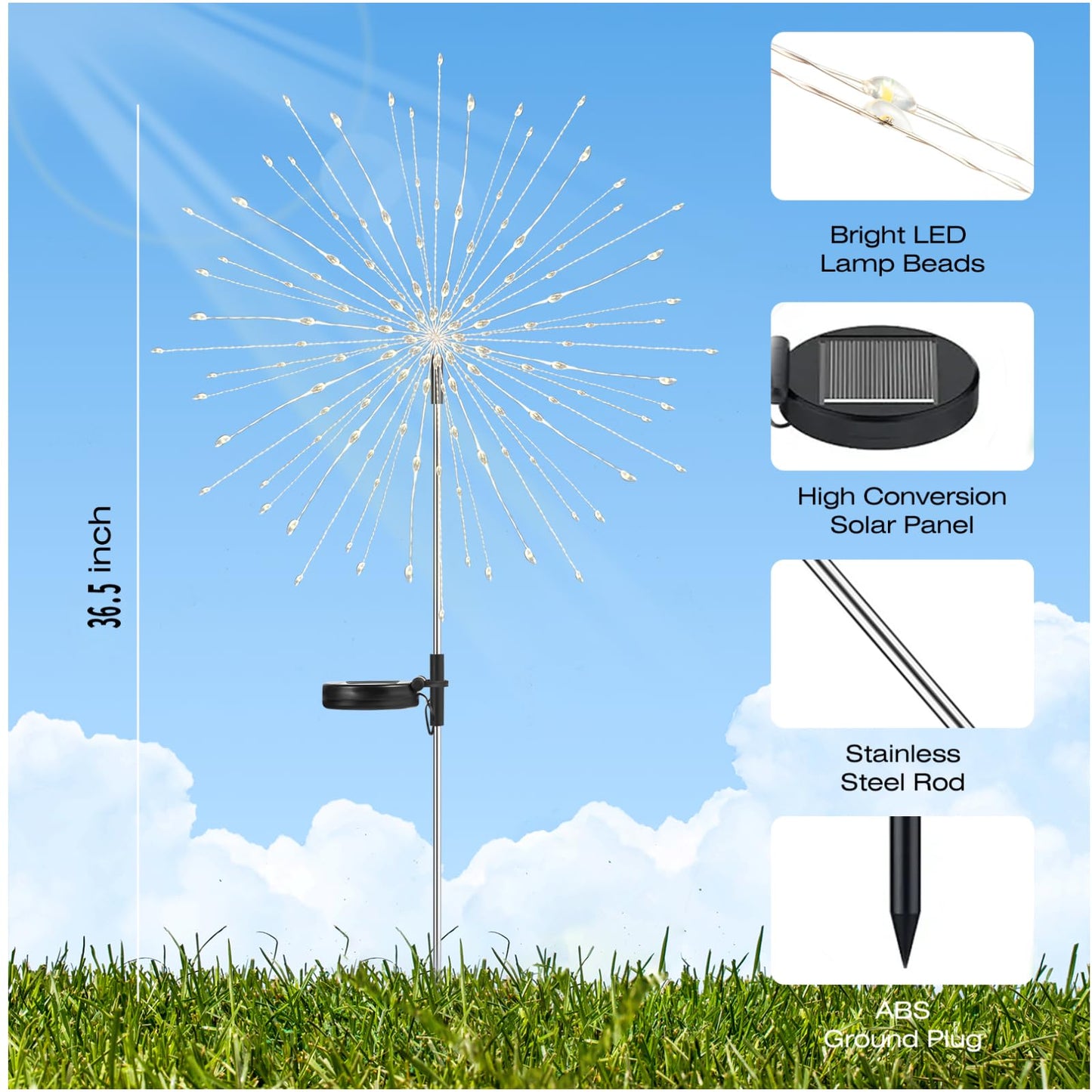 2 Pack 250LED Solar Garden Lights Outdoor, Dual Lighting Modes Firework Lights Solar Powered, Waterproof Twinkle Fairy Light Outside for Yard Patio Pathway Christmas Party Decorative（Warm White）