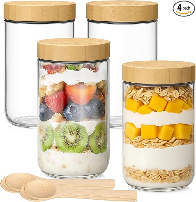 TBWIND 4 Pack 24oz Glass Jars with Bamboo Lids, Spoons, Airtight Overnight Oats Containers, Wide Mouth Mason Jars, Food Storage Container for Yogurt Salad Snacks Spice Sugar Meal Prep – Reusable