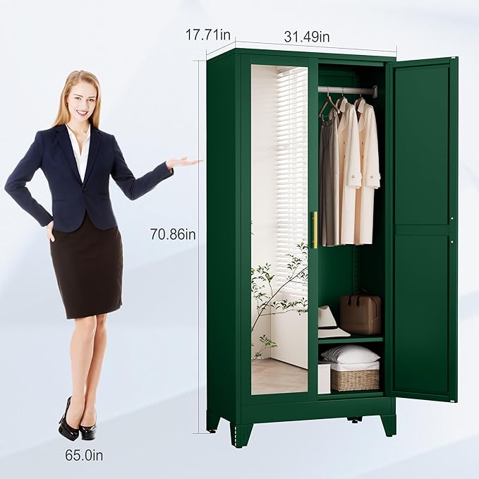 71" Metal Armoire Wardrobe Closet, Steel Clothing Storage Cabinet
