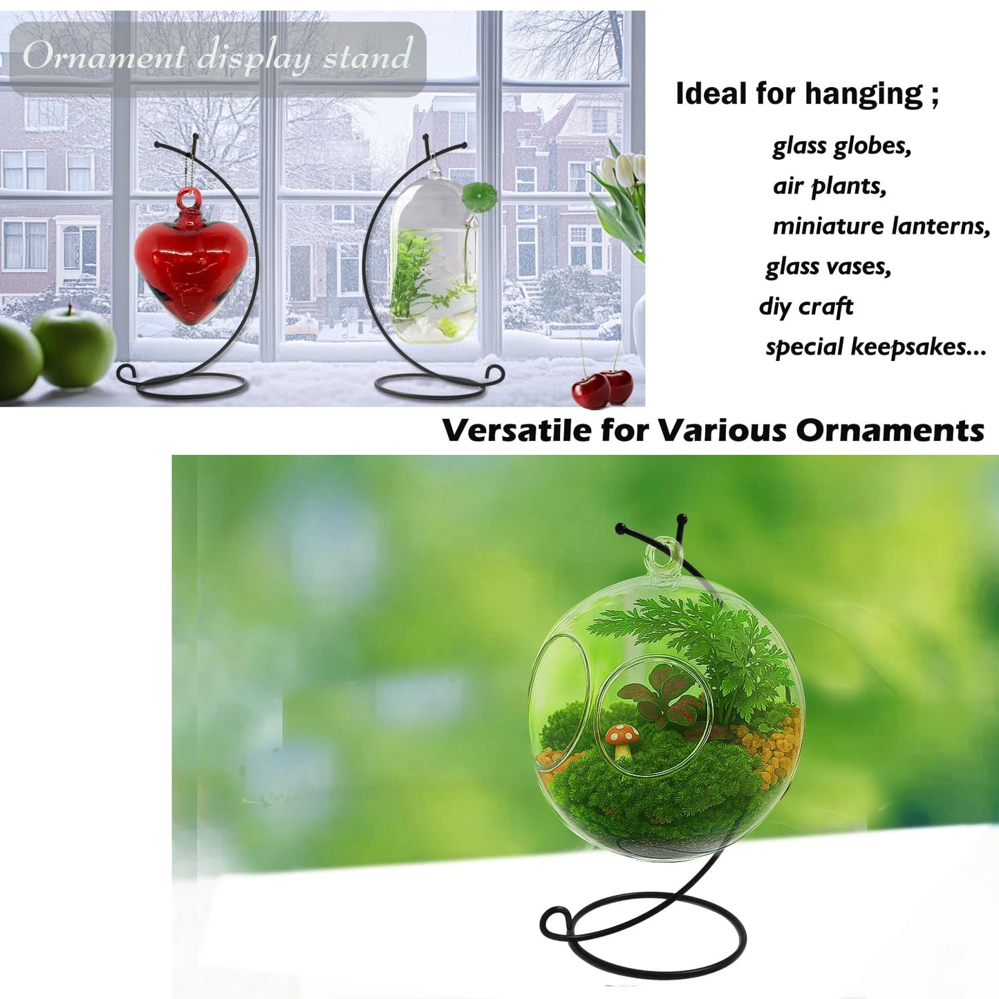 Ornament Display Stand ,6 PCS 9'' inch Air Plants Holder, Planter Terrariums Hanger, Black Iron Wire Hanging Hook for Glass Crystal Witch Ball,Easter Christmas Decoration,Wedding Party Office Home Decor
