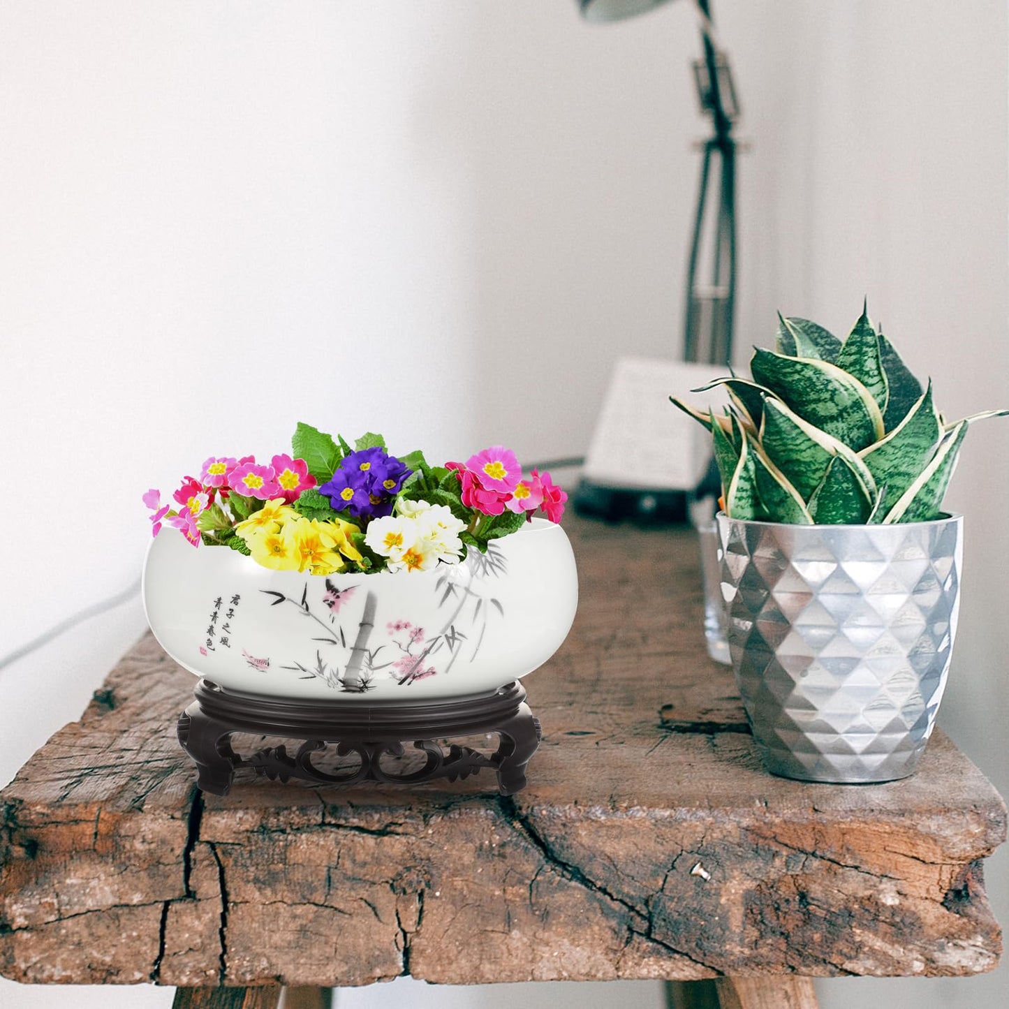 Lotus Bowl Flower Pot Ceramic Hydroponic Planter White Porcelain Bonsai Pot with Plastic Base for Indoor Water Planting Lily Lucky Bonsai Home Patio Garden Decor