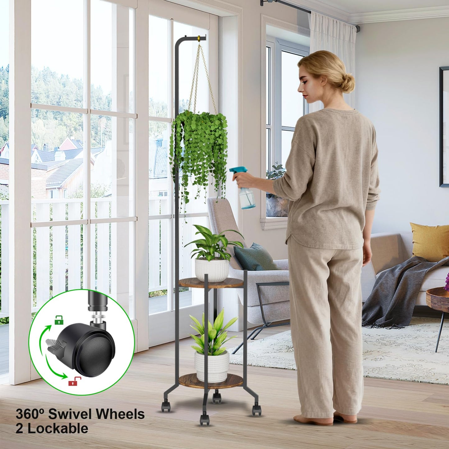 VyGrow Plant Stand Indoor, 2 Tier Hanging Tall Plant Shelf with Wheels, 3 Potted Corner Flower Stand Metal Plant Holder, Plant Shelves for Living Room, Bedroom, Patio, Outdoor, Black