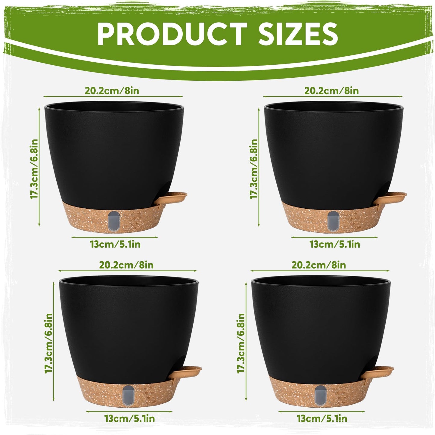 8 Inch Self Watering Pots for Indoor Plants, Plastic Planters with Deep Reservoir & Drainage Holes, Flower Pots for Monstera, Snake Plant & Peace Lily, Worry-Free Vacation Care (Black, 8 inch)
