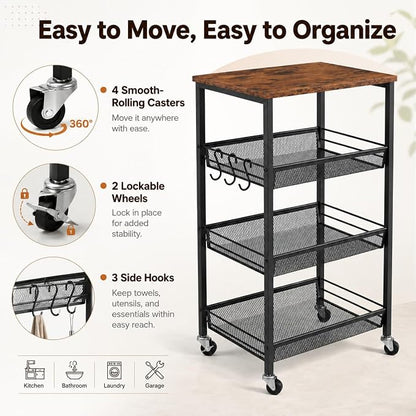 Homleke 4-Tier Rolling Kitchen Storage Cart, Utility Cart with Wooden Tabletop & Metal Baskets, Fruit Vegetable Basket for Kitchen, 3-S Hooks, Rustic Brown and Black