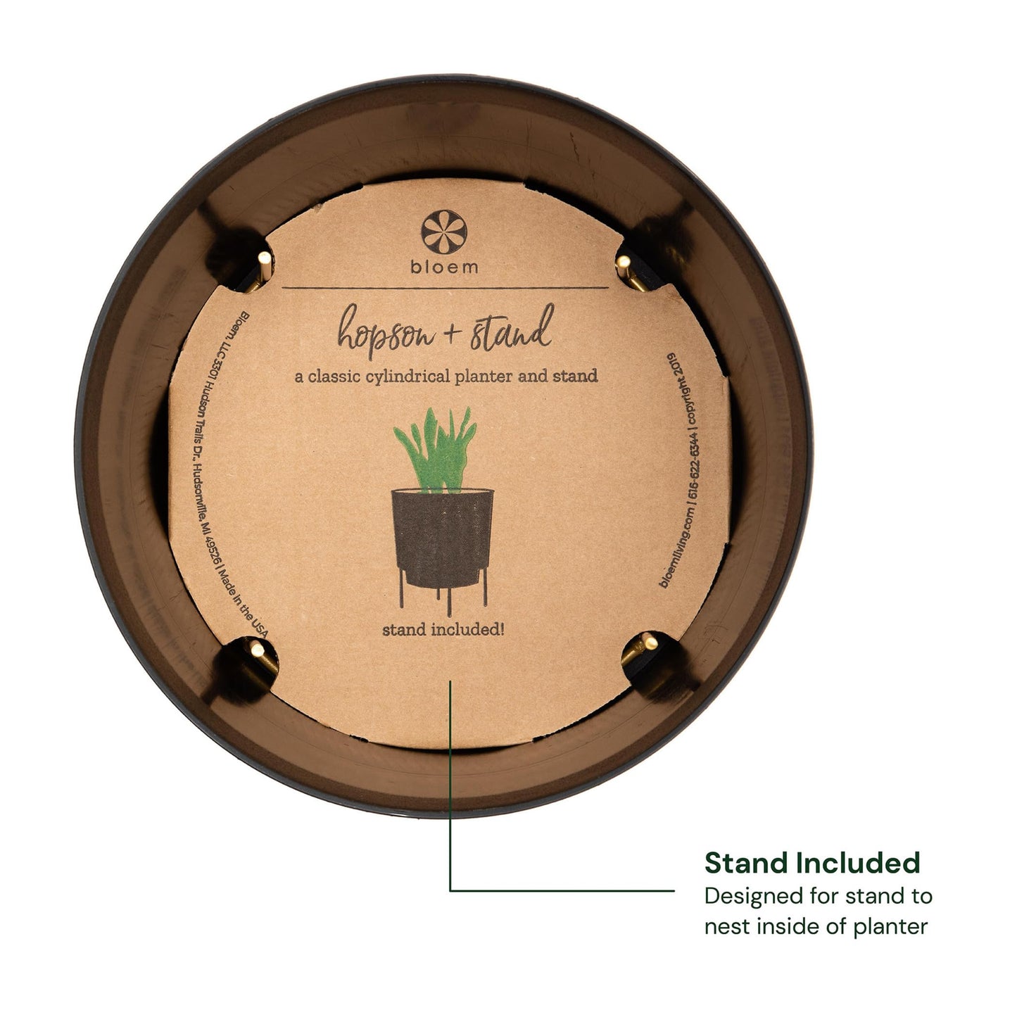 Bloem Hopson Decorative Resin Cachepot with Metal Stand, 6" Indoor and Outdoor Planter with Gold Metal Stand, Black