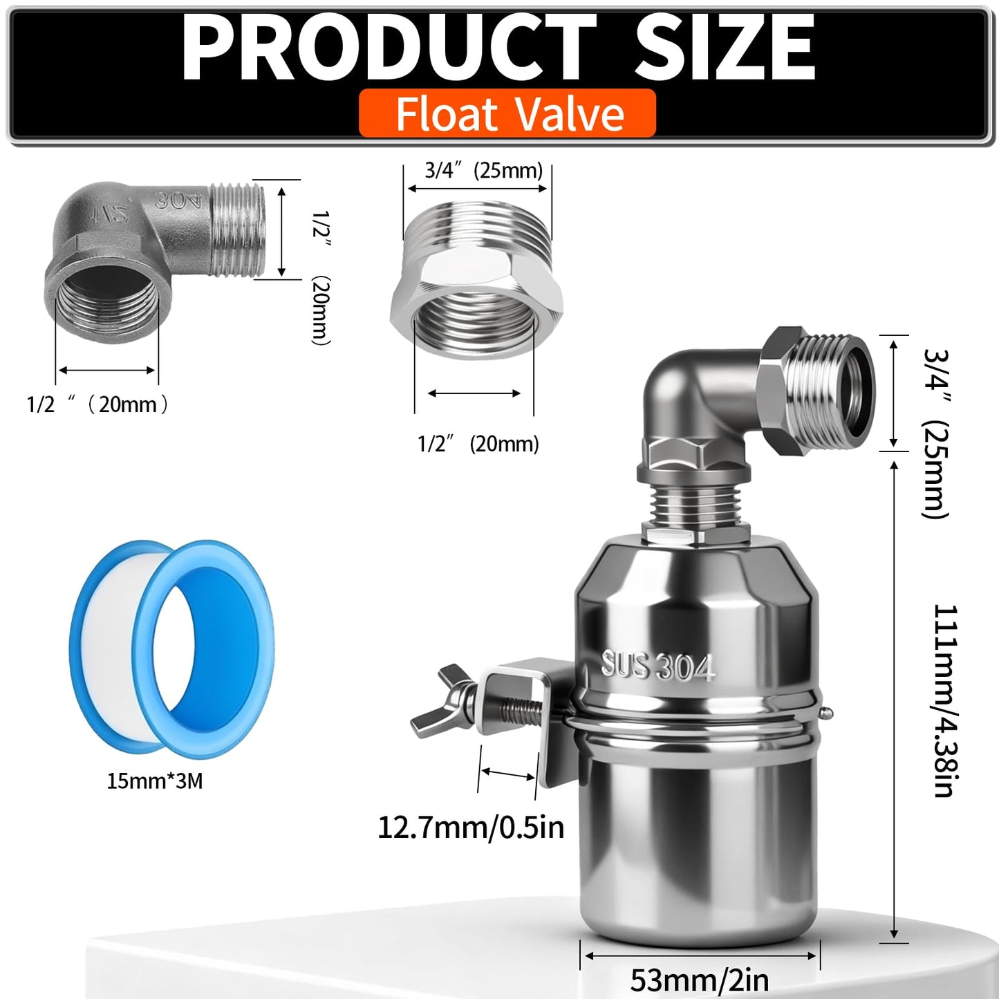 1/2“ 304 Stainless Steel Automatic Water Level Control Float Valve for Water Tank, Cattle Trough, Pools, Livestock (With Elbow, Metal Clip, 1/2" to 3/4" adapter) (3-Pcak)