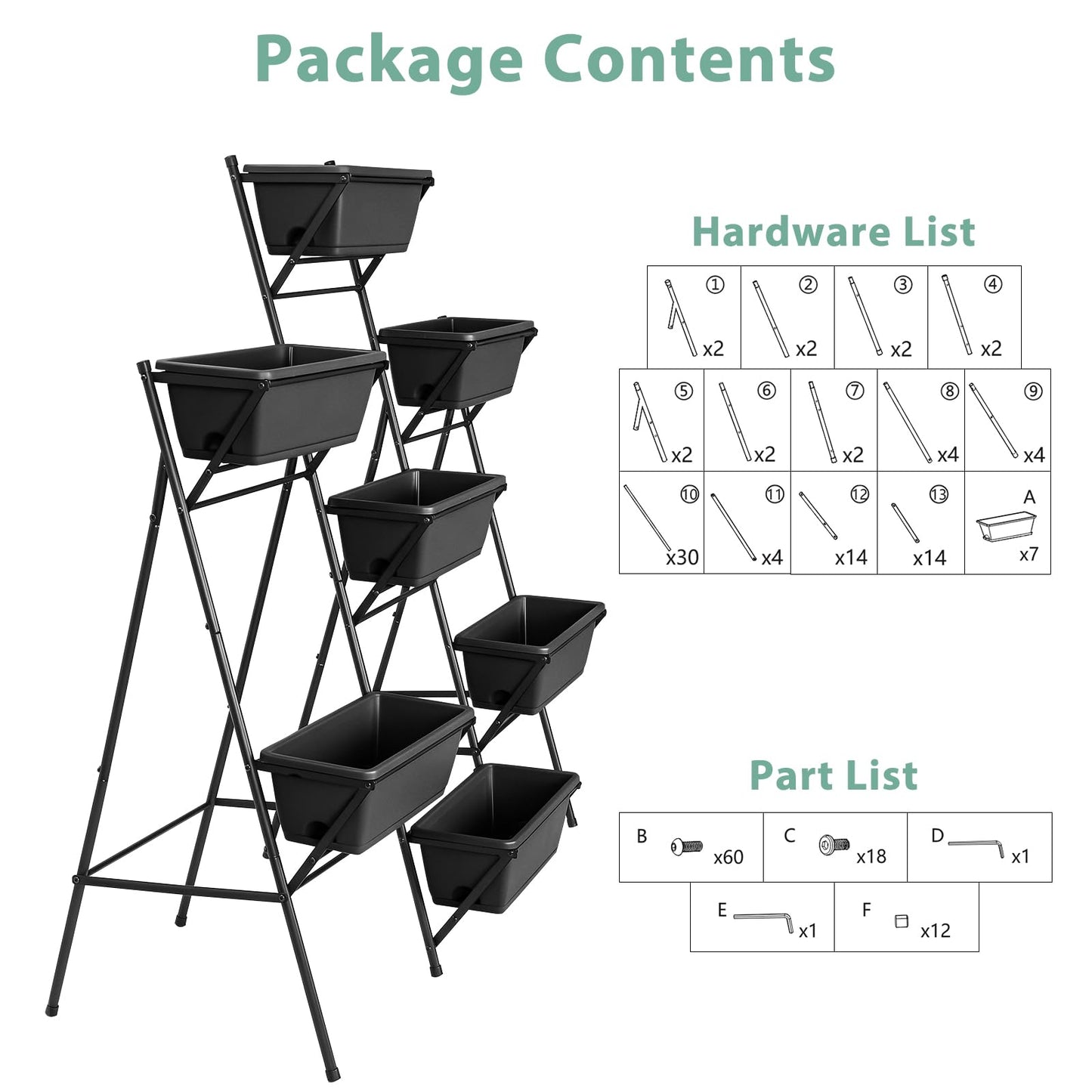Sunexinlo 5-Tier Vertical Garden Planter with 7 Plant Boxes & Drainage Trays, Metal Freestanding Raised Bed for Herbs Flowers Vegetables, Indoor Outdoor for Patio Balcony Deck, Black