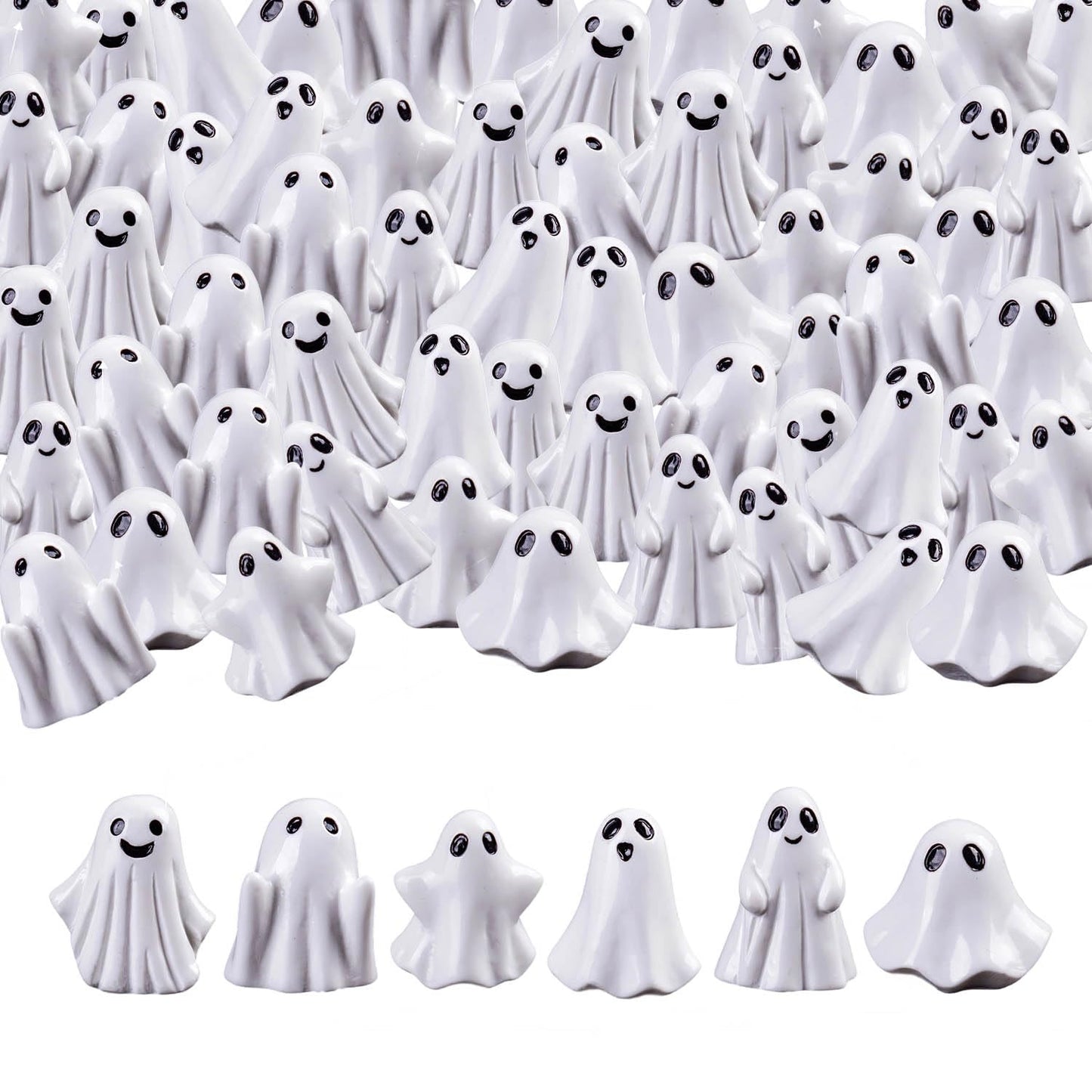 SHIFANQI 60pcs Mini Halloween Ghost Figurines, Small Resin Ghost Statues Miniature Decorations, 6 Styles Cute Spooky Ghost Figures for Tiered Tray Cake Topper Halloween Party Supplies