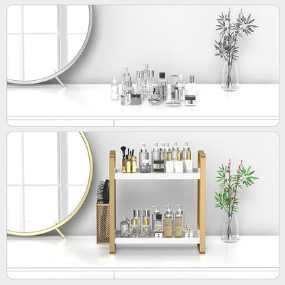 LEMIKKLE Bathroom Counter Organizer with Basket, Perfume,Makeup Organizers for Vanity,Storage Organizers for Bathroom, Kitchen, Dresser（White）