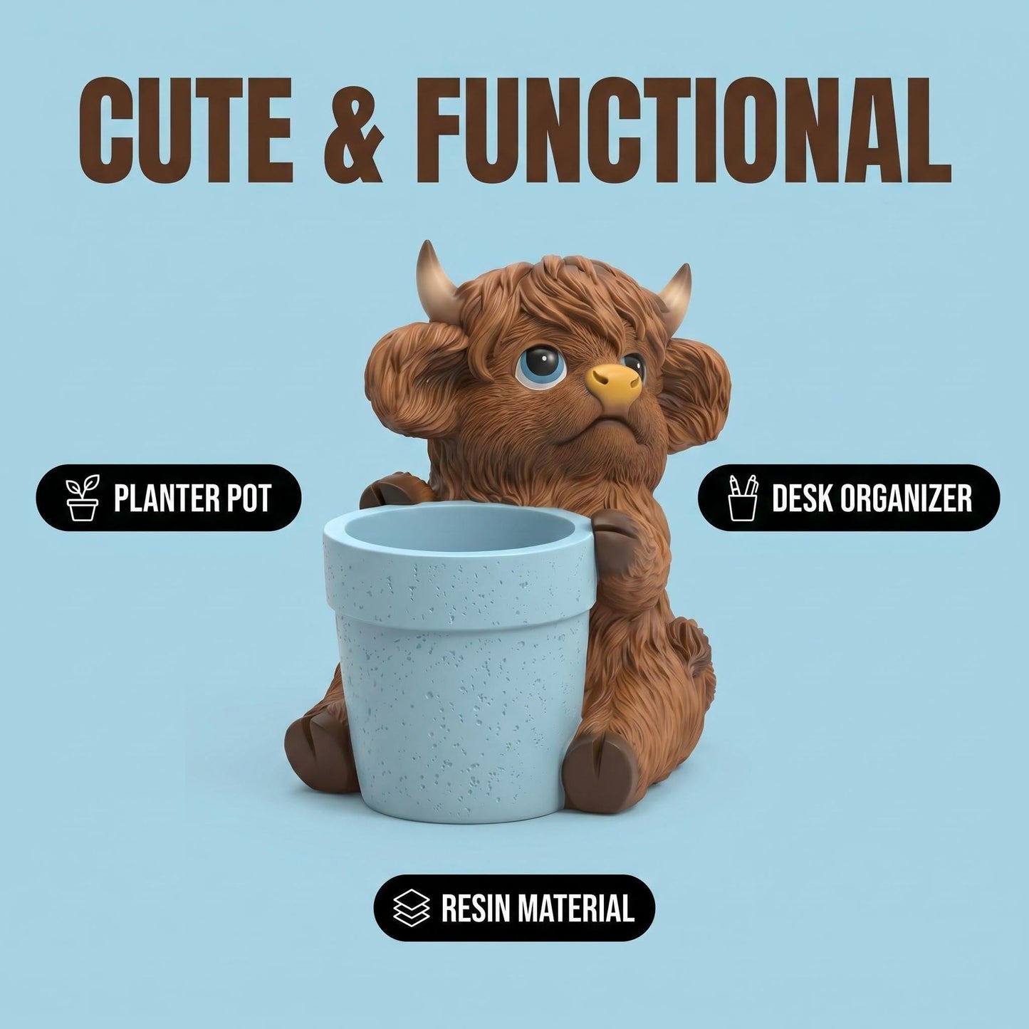 Zhao Xiang Highland Cow Succulent Planter - Rustic Resin Animal Flower Pot & Decorative Figurine | 5" D x 7" W x 6.5" H, Brown