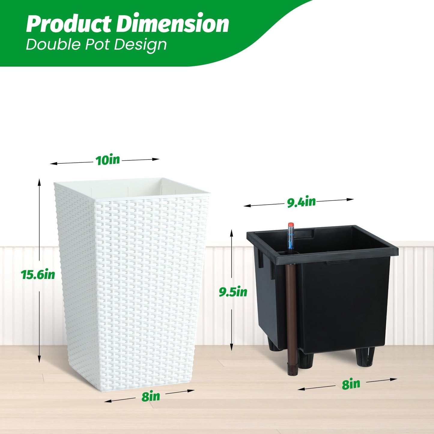 16" White Tall Planters Outdoor Set of 2, Large White Flower Pots Outdoor with Drainage Holes & Automatic Watering System, Modern Large Resin Planters for Outdoor Plants, Front Porch, Deck, Rattan