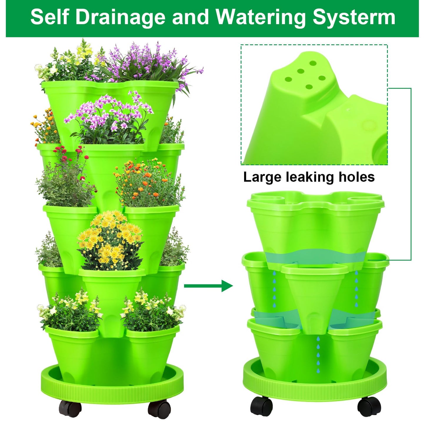 Umigy 2 Set 5 Tier Stackable Planters Vertical Garden Planters for Strawberry Herb Flower and Vegetable Indoor Outdoor Gardening Pots with Removable Wheels and Bottom(Green)