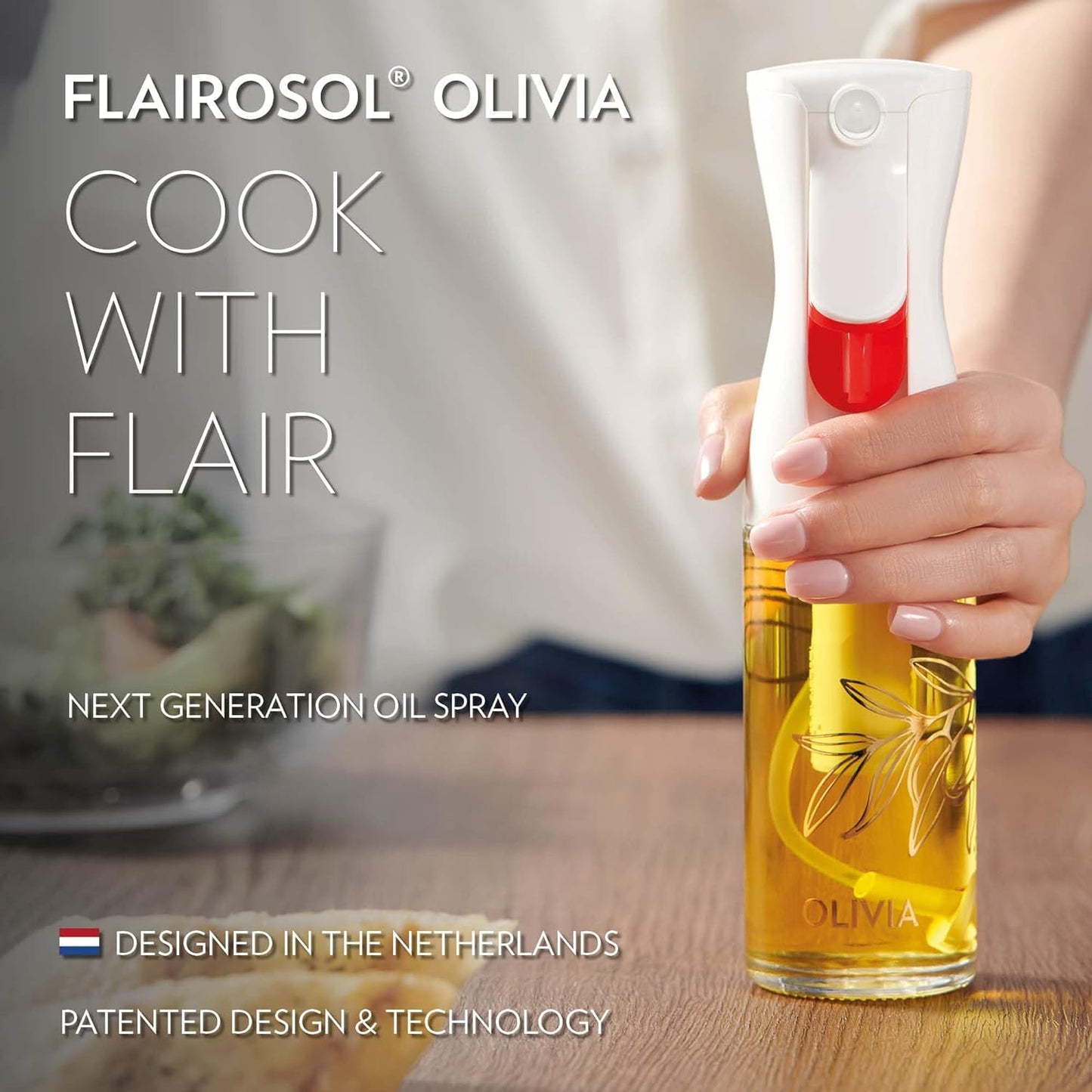 OLIVIA SIGNATURE Advanced Kitchen Oil Sprayer with Flairosol Technology, Fine Mist & Portion Control, Refillable Glass Olive Oil Cooking Spray Bottle for Air Fryer, Salad, BBQ, 130ml (Golden Leaves)