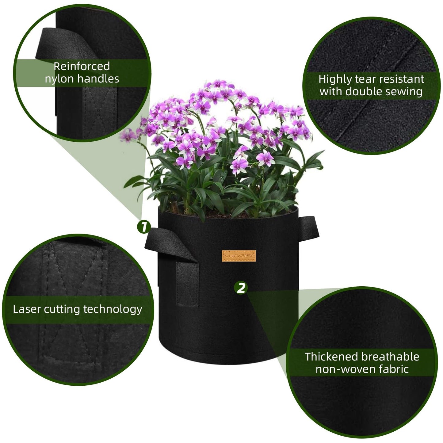 WHATWEARS 12-Pack 5 Gallon Plant Grow Bags, Thickened Nonwoven Fabric Pots with Handles, Vegetable Planter Bags Containers, Cloth Planters for Garden Vegetable/Flower/Plant/Fruits Outdoor (Black)