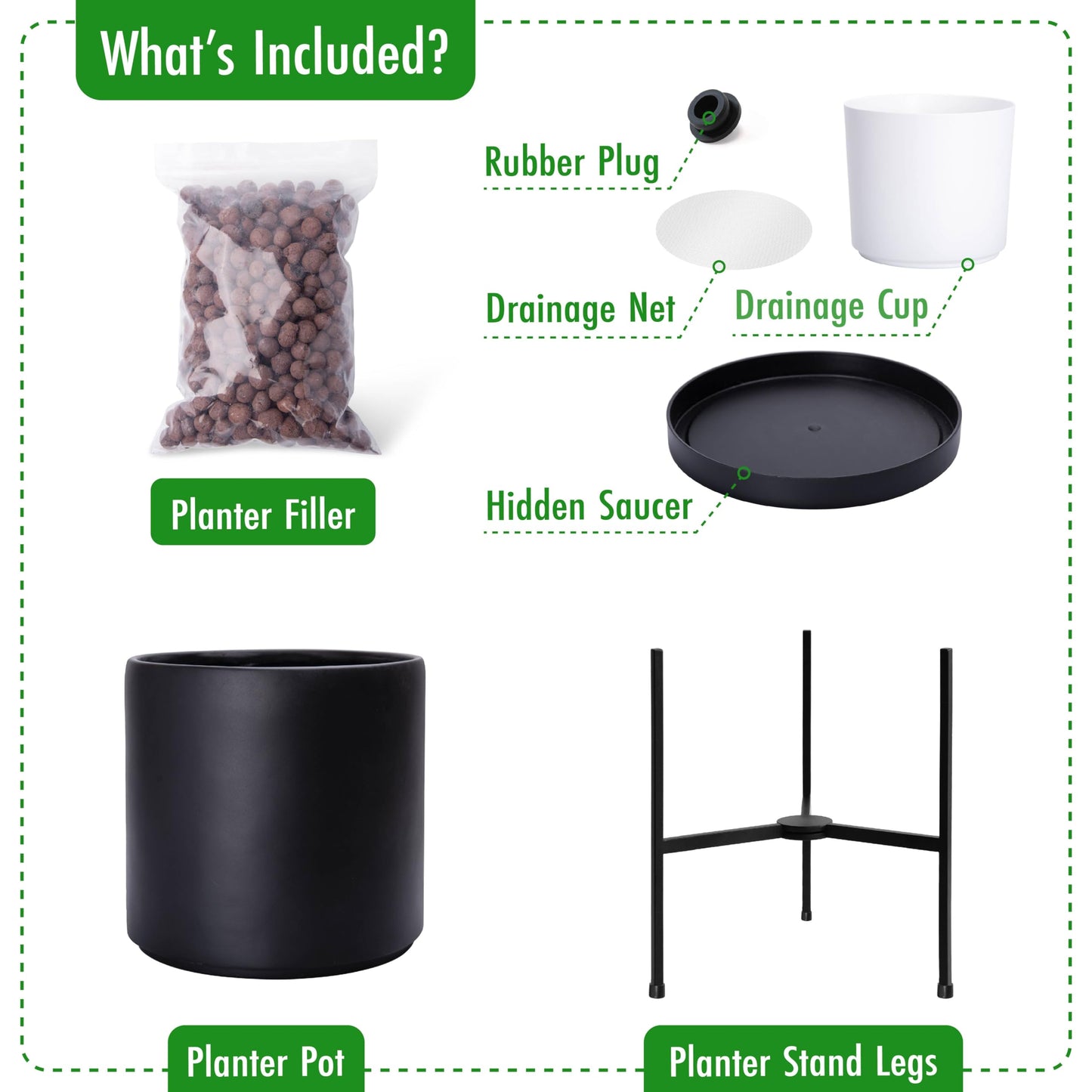 D'vine Dev Modern Black Plants Pot Cylinder Planter with Heavy Duty Stand, Small 8 Inch Pot, 12.6 Inch with Stand Height, 96-T-B-1