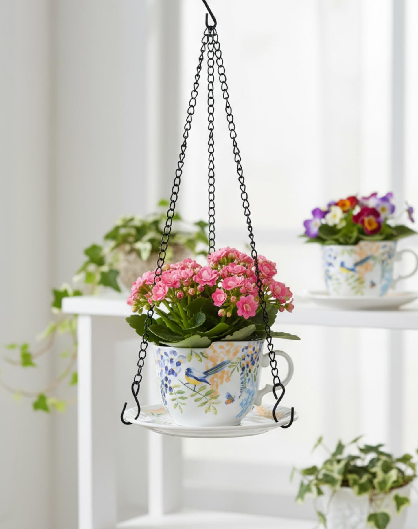 TEATALK Hanging Planters for Indoor Plants, Ceramic Pots with Drainage Hole, 6.3 Inch Hanging Planter with Chain, Outdoor Hanging Baskets for Plants, Birds & Flowers, Cup Shape