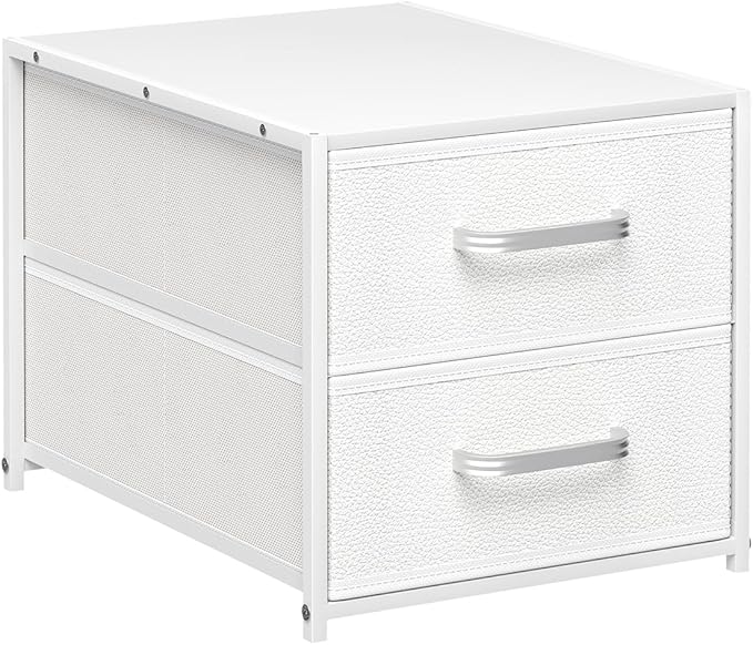 Homsorout 2 Drawers for Closet - Small Stackable Storage Organizer, Fabric Dresser Nightstand with Wooden Top & Metal Frame, Closet Drawer Organizers and Storage for Bedroom, Entryway, Dorm, White