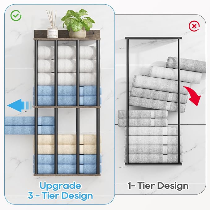 Towel Racks for Bathroom Wall Mounted, Updated 4 Bar Wall Towel Holder | Large Bathroom Towel Storage Rack for Rolled Towels, Modern Metal Towel Organizer Shelf with Wooden Storage Shelf