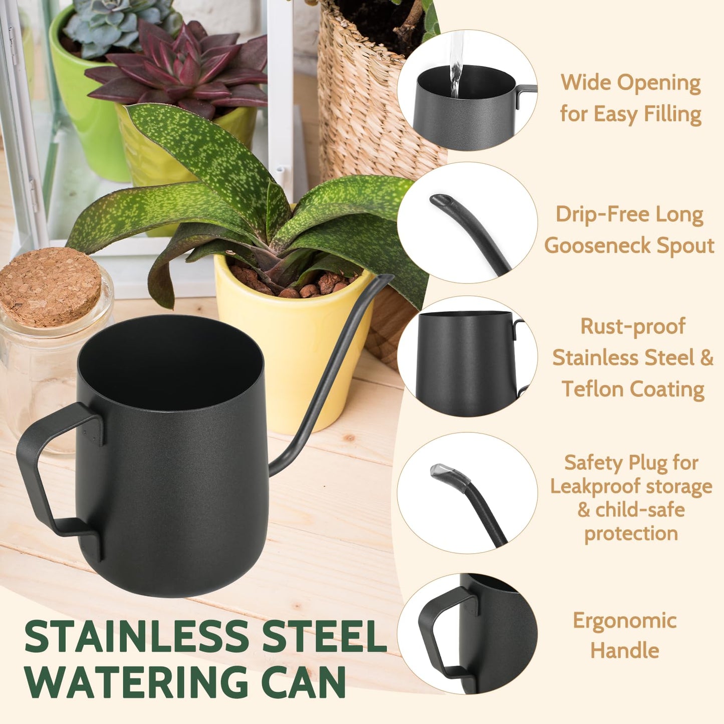 Small Watering Can Indoor Plants - 12 oz Mini Metal Watering Can with Long Spout Rust-Proof Stainless Steel Tiny Watering Pot for Small Indoor Plants Home & Office Black