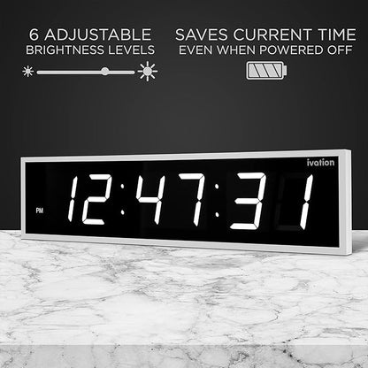Ivation Huge Oversized 72" Large Digital LED Clock | Big Digital Clock w/Multi-Function Display – Stopwatch, Timer, Alarms, Temp & Date | 6 Brightness Levels, Time Memory & Remote (White)