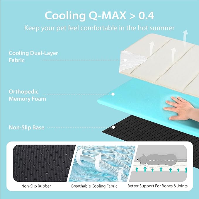 Cooling Dog Mat Q-Max>0.5 - Rapid Cooling Tech, Thin Breathable Crate Pad, Portable Washable Summer Mat, Chill Soothing Fabric - 35"x23" Large Dog, Dark Beige