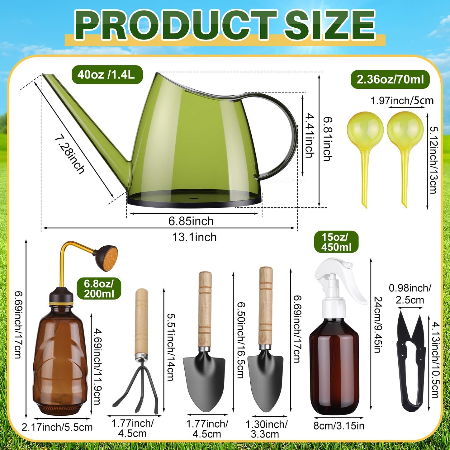 Ferrochef 13 Pcs Indoor Plant Can Set, 1/2 Gallon Watering Can, 17 oz Squeeze Bottle, 6.8 oz Spray Bottle, 6 Self Watering Globes, Gardening Tool Kit with Pruning Scissors for Plants(Lemon Green)