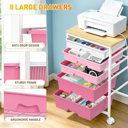 SUNALLY Rolling Storage Utility Cart With 5 Drawers, 5 Tier Rolling Cart with Wooden Tabletop and 2 Lockable Wheels, Storage Drawer Cart for Craft Art Supply Storage & Home Office Organization, Pink