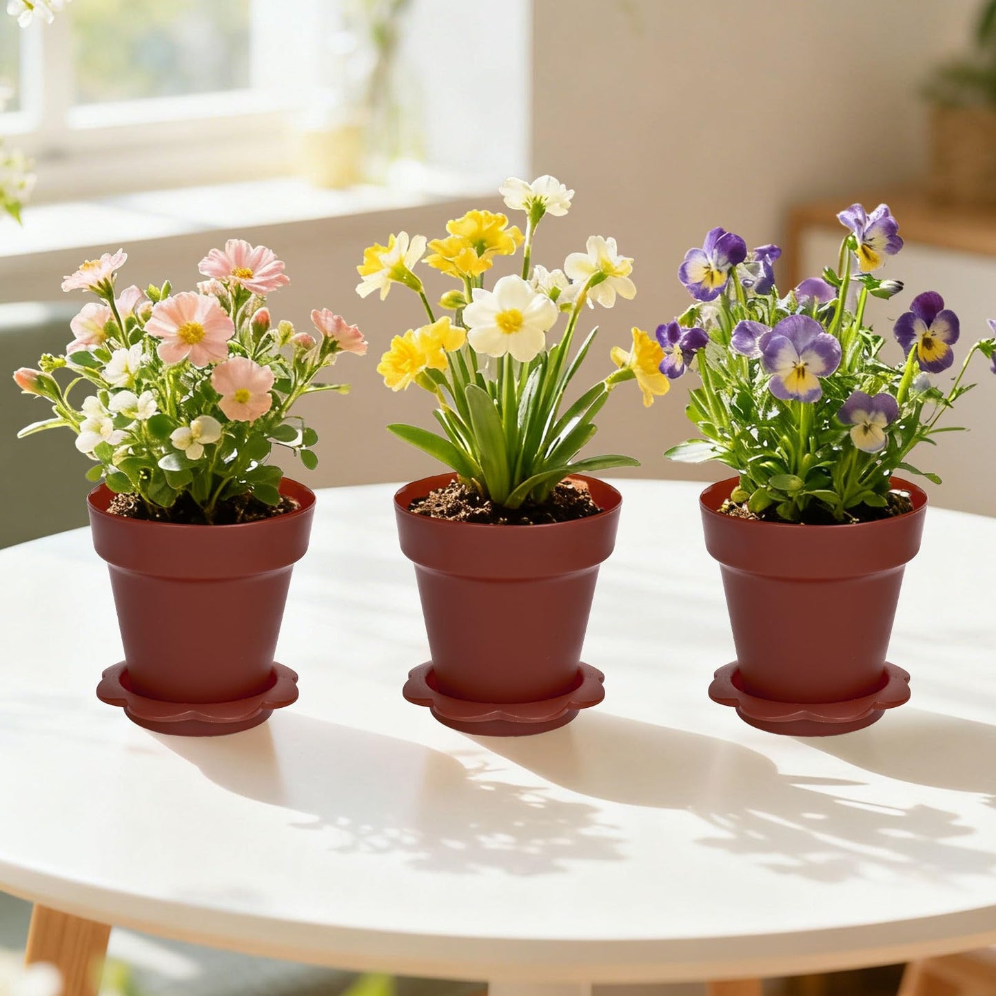 JarThenaAMCS 50 Set Cupcake Plant Nursery Pots with Humidity Dome Small Flower Pot Brown Plastic Gardening Container Cups with Saucers Shovel Plant Labels for Earth Day Seedling Plants Display
