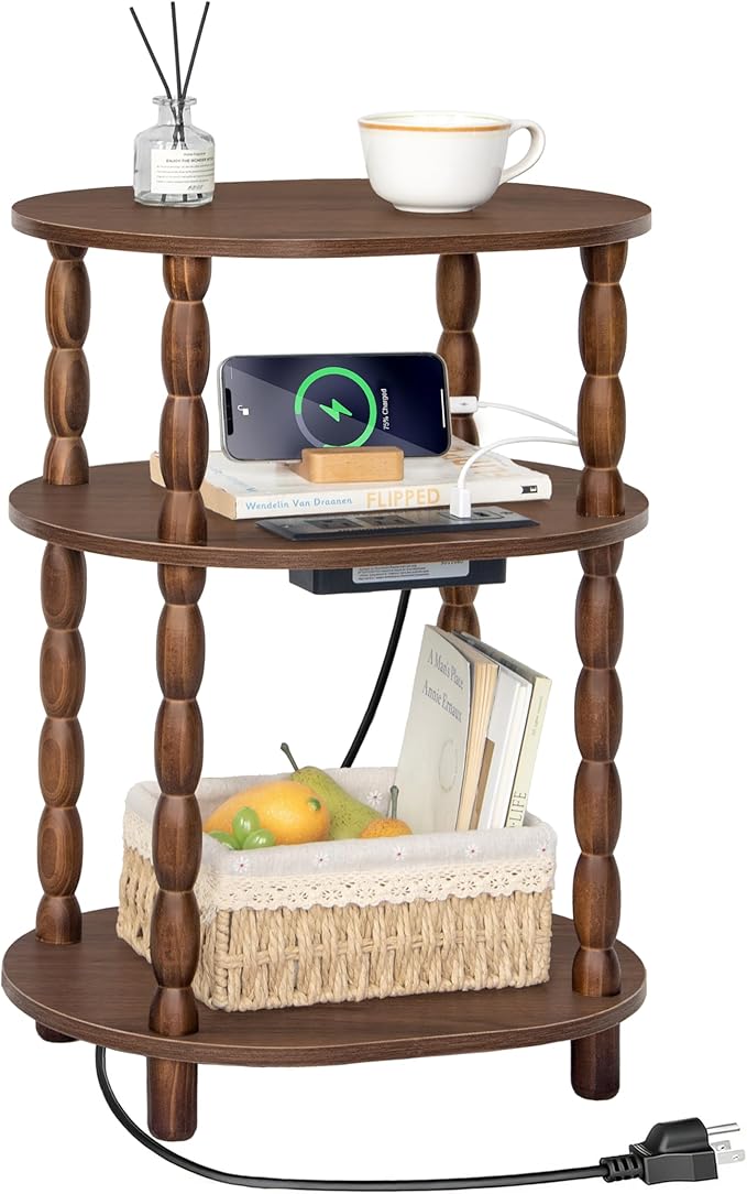 MaxSmeo Small Side Table with Charging Station, 3-Tier Small End Table with USB