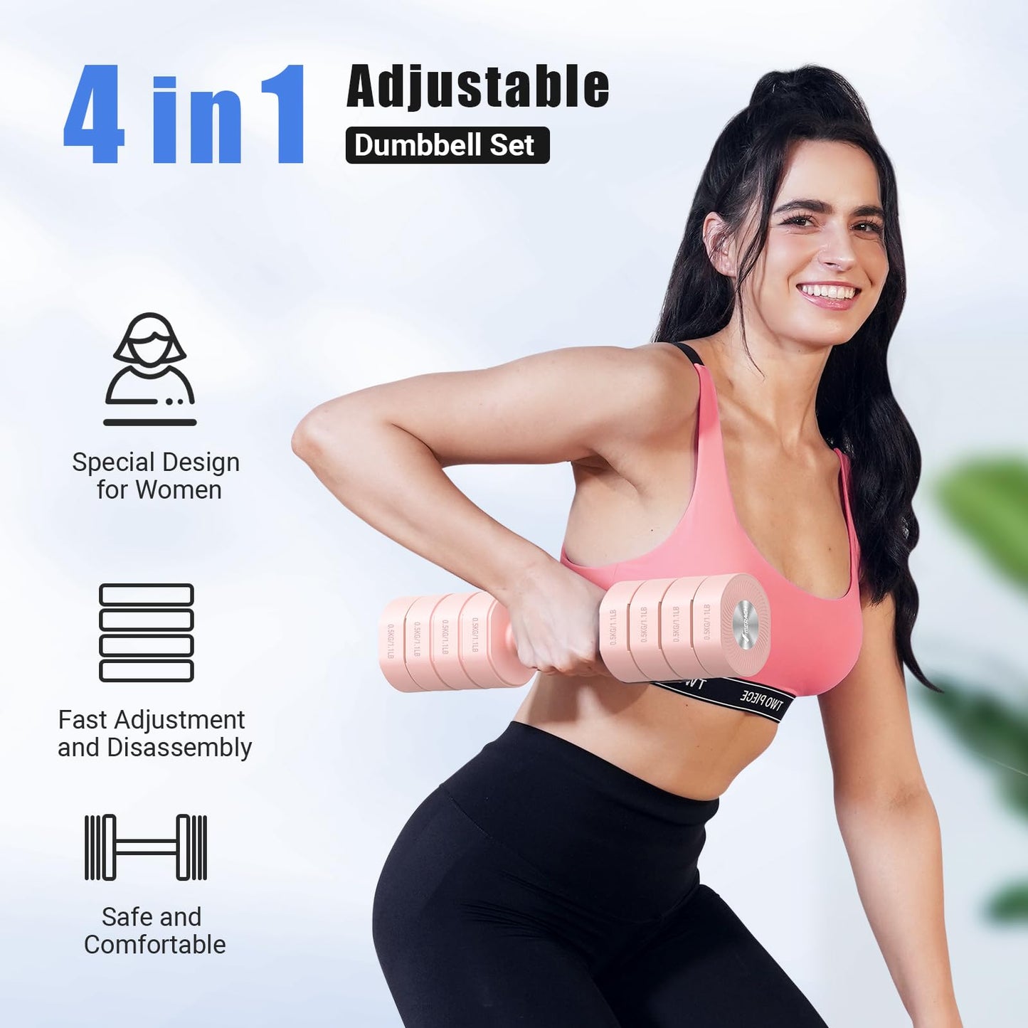 MERACH Dumbbell Set of 2, Adjustable Weight, Anti-slip Handle, Macaron Colors, Each 2.2/4.4/6.6/8.8 lbs, 4 in 1 Hand Weights for Women at Home