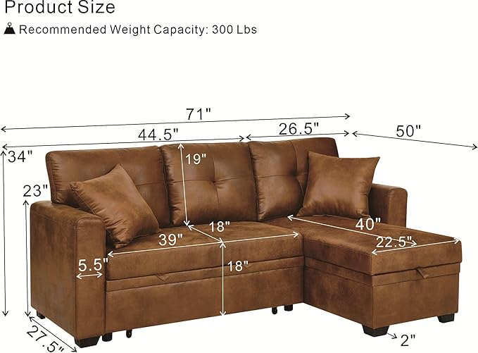 L Shaped Sectional Couch with Storage and Pull Out Bed, 3 Seater Sleeper Sofas