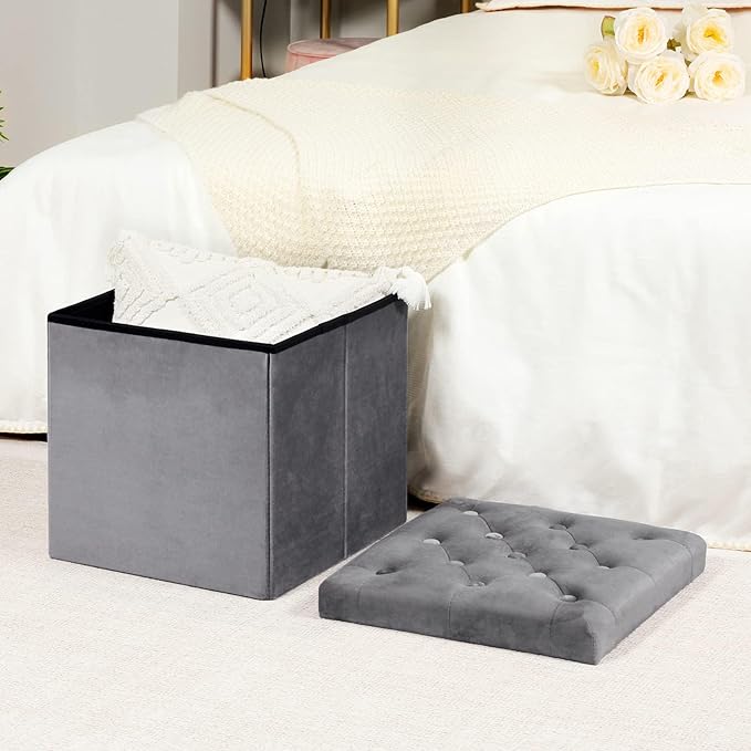 B FSOBEIIALEO Storage Ottoman Cube, Velvet Tufted Folding Ottomans