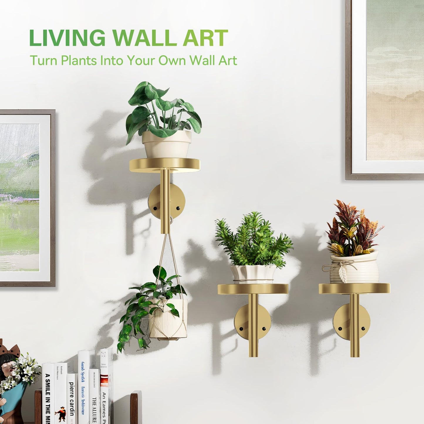 DELLAN Wall Plant Holder, 3 Pack Metal Wall Planters Stand Floating Shelves for Indoor Plants, Window Sill Plant Decor for Bedroom, Bathroom, Living Room, Home, Office, All Gold