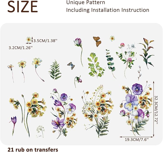 Floral Vintage Rub on Transfer for Furniture Large Flower UV DTF Transfer