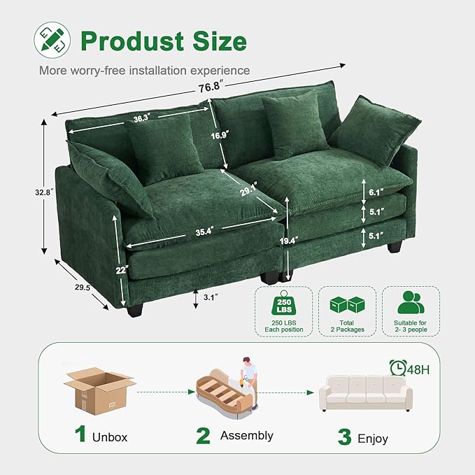 77" Cloud Chenille Sofa Set
