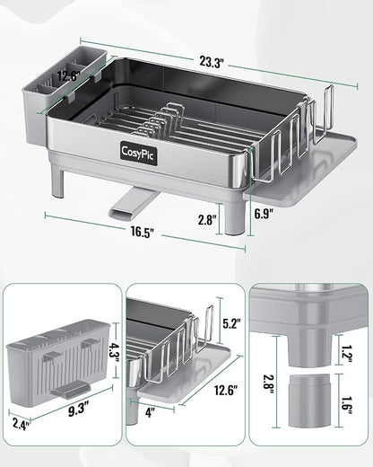 Dish Racks, Thicker Premium 304 Stainless Steel Dish Drying Rack for Kitchen Counter, Automatic Drainage Spout, Dish Drainer & Drainboard Set with Utensil Holder and Cup Holder, Grey