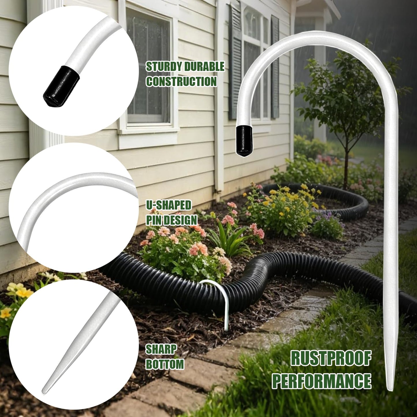 Chiliqi 2 Pack Rain Gutter Downspout Extension Fixing Pin, U-Shape Downspout Anchor Stake Fit 4" Round Downspout Extensions, Easy to Install for Efficient Rainwater Management (White-2 Pack)