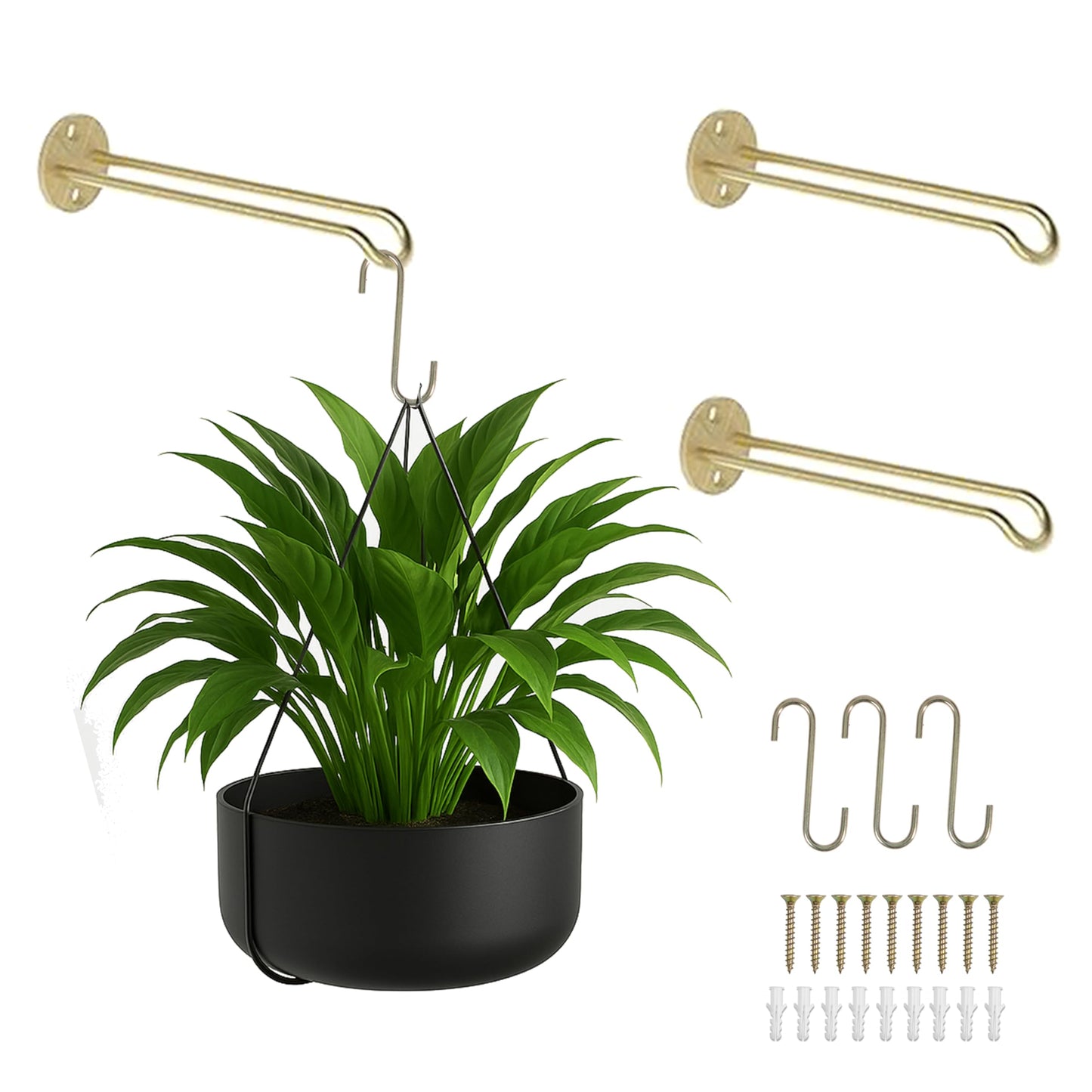 Ilyapa 3 Pack Metal Wall Plant Hangers - 7.5 Inch Plant Hanger for Indoor - Rustic Brass Finish Hooks for Hanging Plants, Baskets, and Macrame - Indoor Hangers for Plants, Lanterns or Wind Chimes
