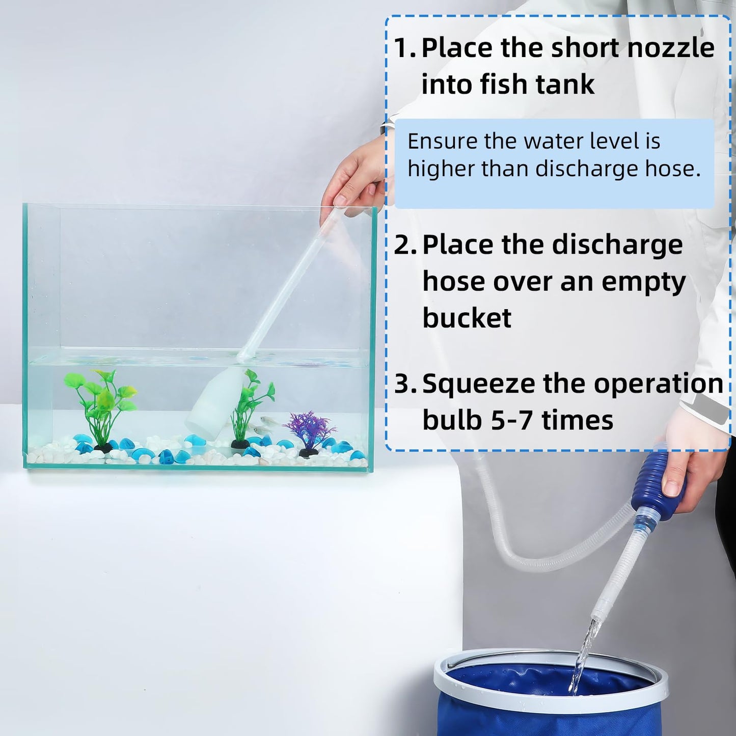AQUANEAT Aquarium Vacuum Siphon, Hand Pump Fish Tank Water Changer, with Fish Net Algae Scraper 5 in 1 Cleaning Set