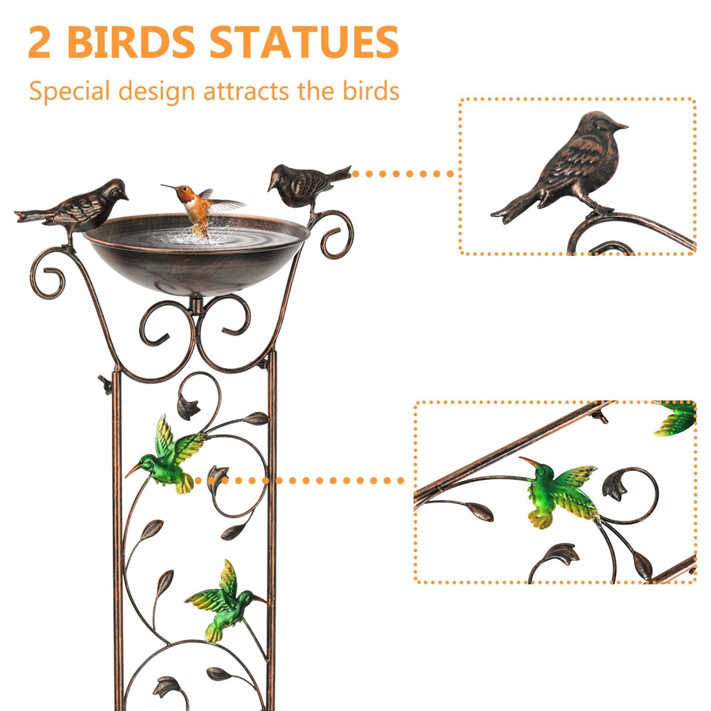 Garden Trellis Bird Bath Outdoor, 43.5 Inch Antique Iron Garden Plant Trellis Decorative with Hummingbirds and Detachable Drinking Basin Bowl, Free Standing BirdBath Birdfeeder Station