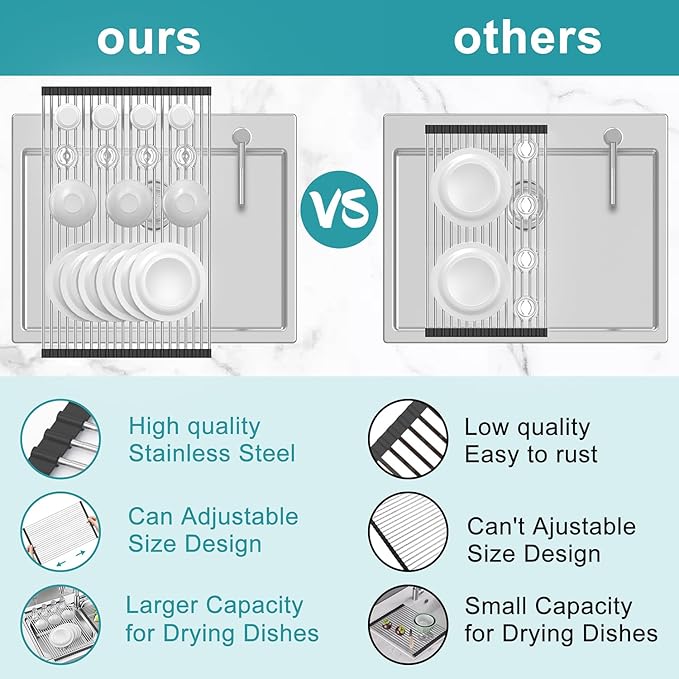 BBXTYLY Extra Large Expandable Roll Up Dish Drying Rack,Over The Sink Drying Rack Sink Cover Kitchen Sink Accessories Kitchen Rolling up Stainless Steel Drainer, Foldable,Rollable（Black，22.8''-17.3''）