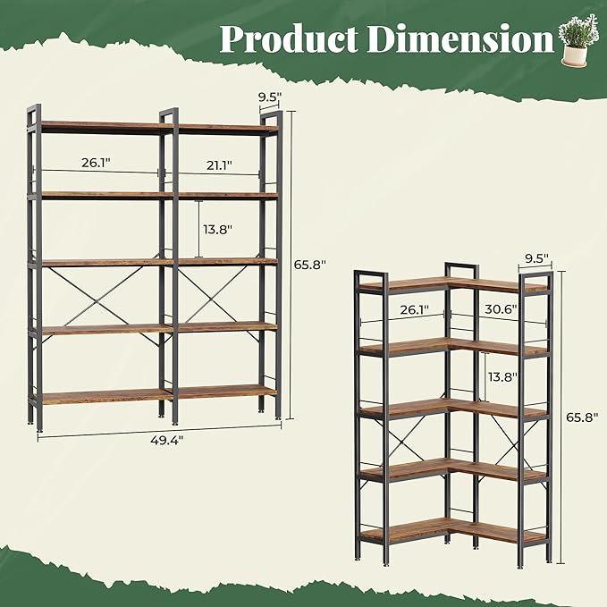 Huuger 5 Tier Bookshelf, L Shaped Corner Bookshelf