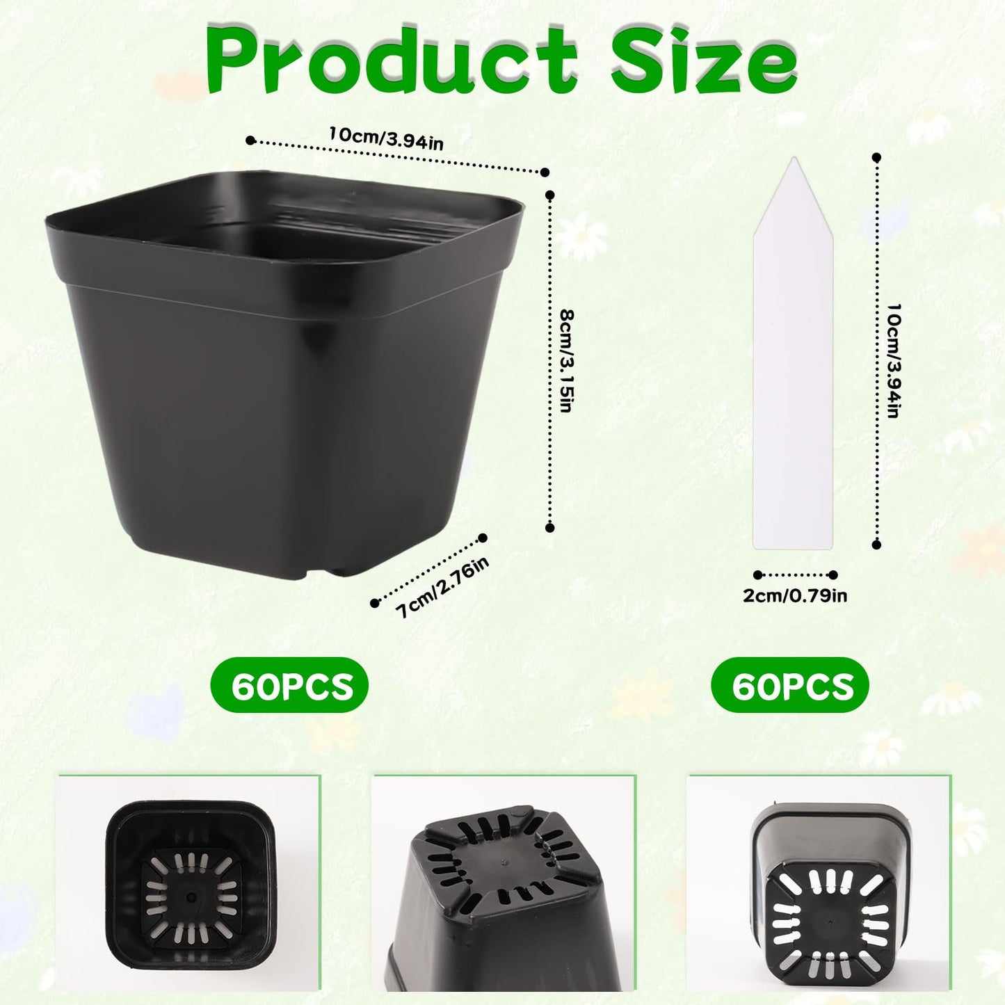 FCKLVMC 60 Pcs 4 Inch Square Nursery Pots with 60 Plant Labels, Durable Flexible Plastic Planter Nursery Pots, Square Pots for Plants with Drainage Holes for Plants Succulent Flower
