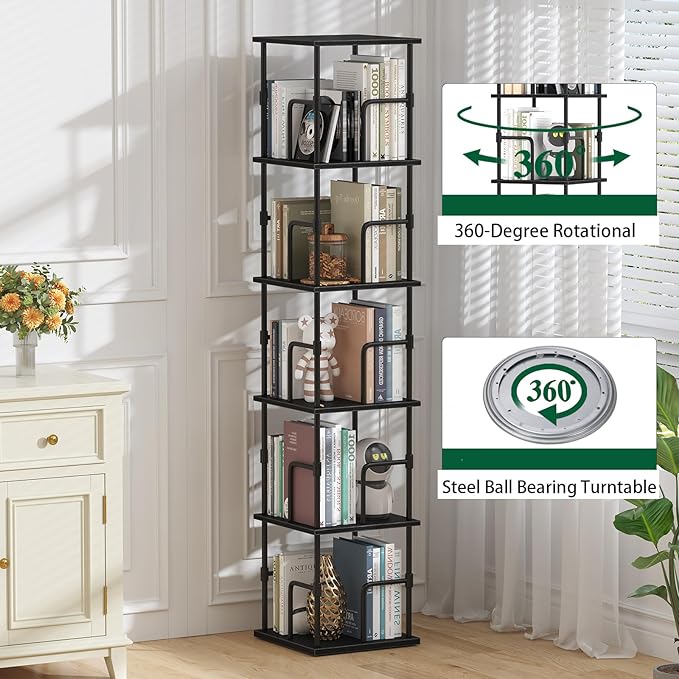 5-Tier Rotating Bookshelf, Freestanding Corner Bookshelf Industrial Style