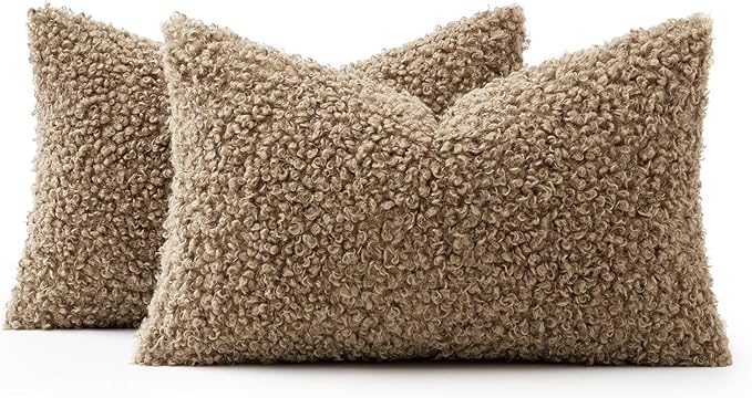Faux Fur Throw Pillow Covers 20x12 Inch Set of 2 Boucle Neutral Decorative