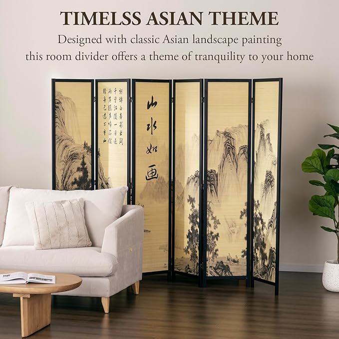MyGift Decorative 6 Panel Folding Room Divider Bamboo Screen