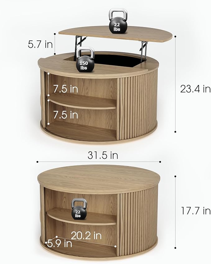 JOINICE 31.5" Round Lift Top Coffee Table, Natural Oak Modern Fluted Drum