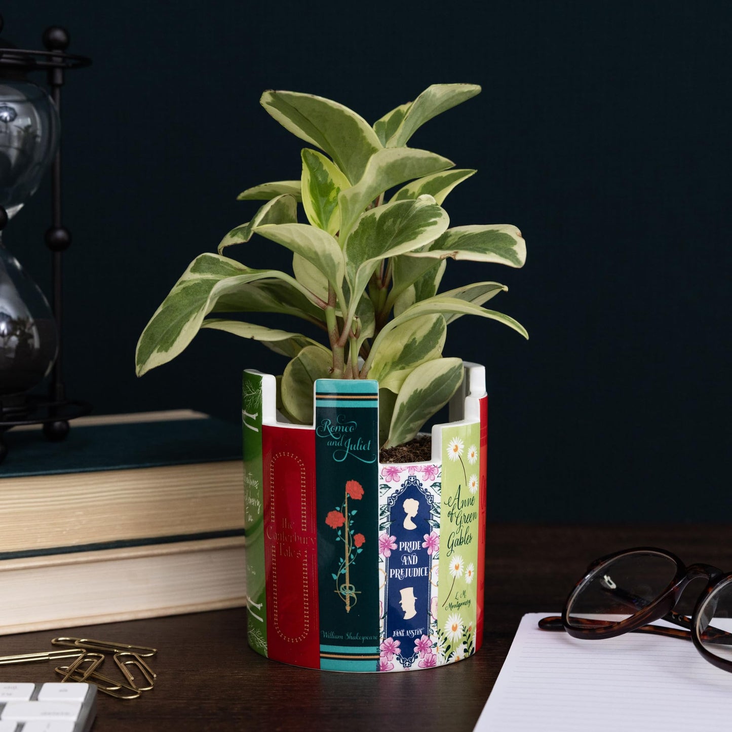 Steel Mill & Co Ceramic Desk Pot for Office/Shelf/Bedroom, Bookish Pen Holder or Small Plant Vase with Classic Literary Book Spine Design, Classic Books