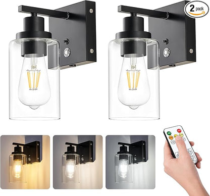 Dimmable Battery Operated Wall Sconce Set of 2 Black with 3-Color Temperature Bulb, 10000mAh Rechargeable Wireless Wall Sconces Set of Two with Remote Control Wall Light for Bedroom, Hallway